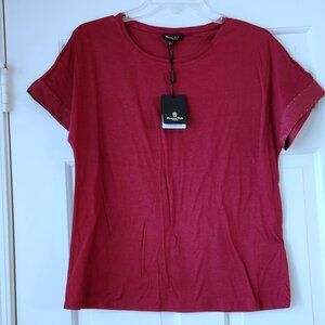 Massimo Dutti Cotton Beaded Short Sleeve Top Blouse sz S NEW Burgundy